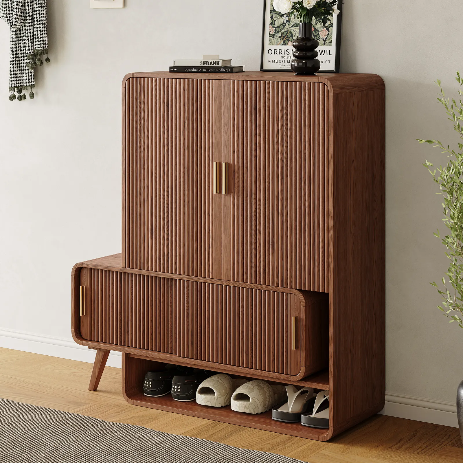 95 cm Ash Wood Veneer Fluted Shoe Storage Entryway Cabinet, Left Hand