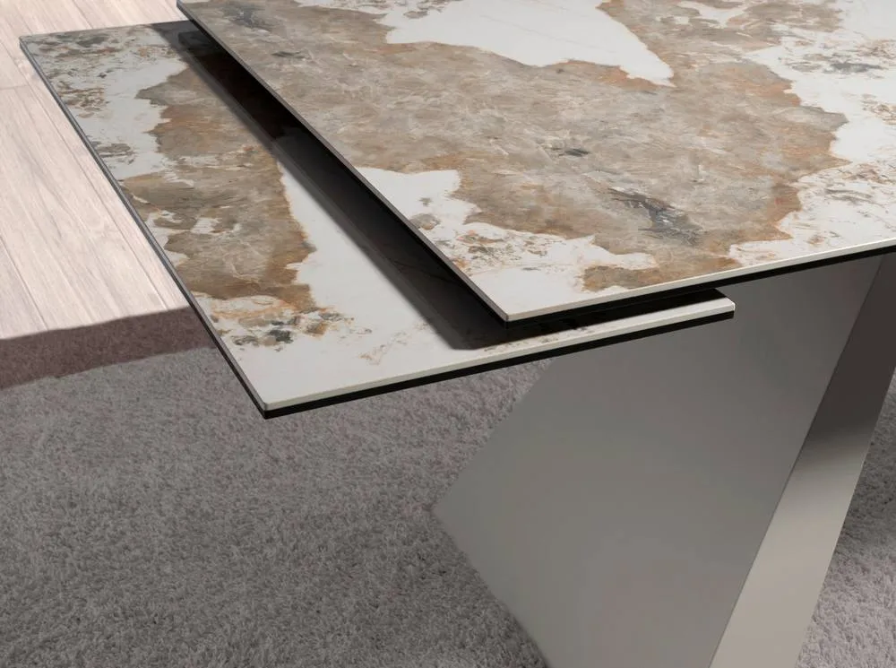 Angel Cerda Rectangular Extendable Dining Table, Porcelain Marble, Taupe Steel 5