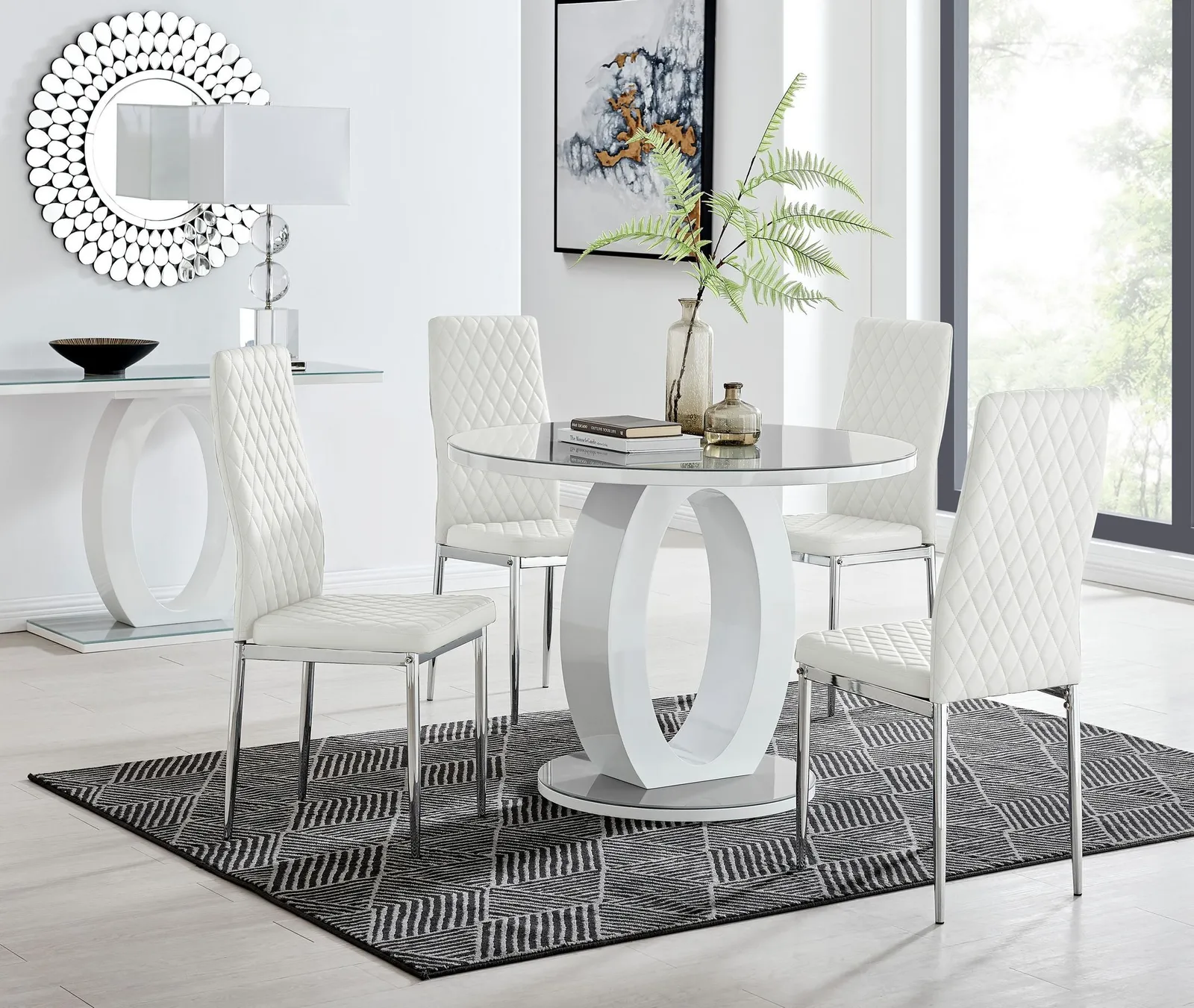 FurnitureboxUK Giovani Round 4 Seat 100cm White High Gloss Halo Base Grey Glass Top Dining Table 4 Soft Faux Leather Silver Leg Milan Chairs 1