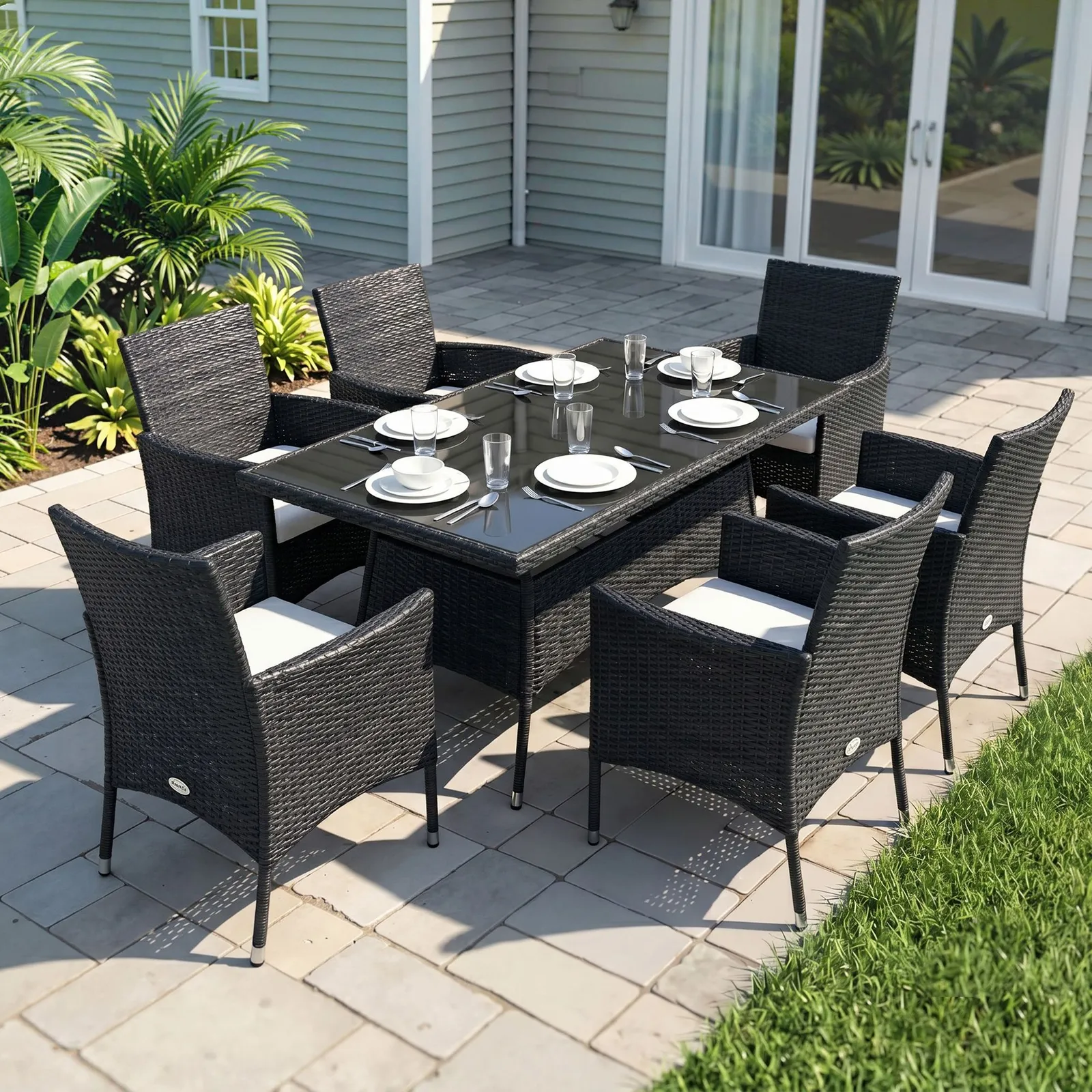 OUTSUNNY 7pc Rattan Garden Furniture Dining Set Wicker Patio Conservatory in Black 1