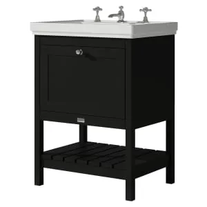 Bayswater Hartleigh Matt Black Traditional Freestanding Vanity Unit & 3 Tap Hole Traditional Recessed Basin - 600mm 2