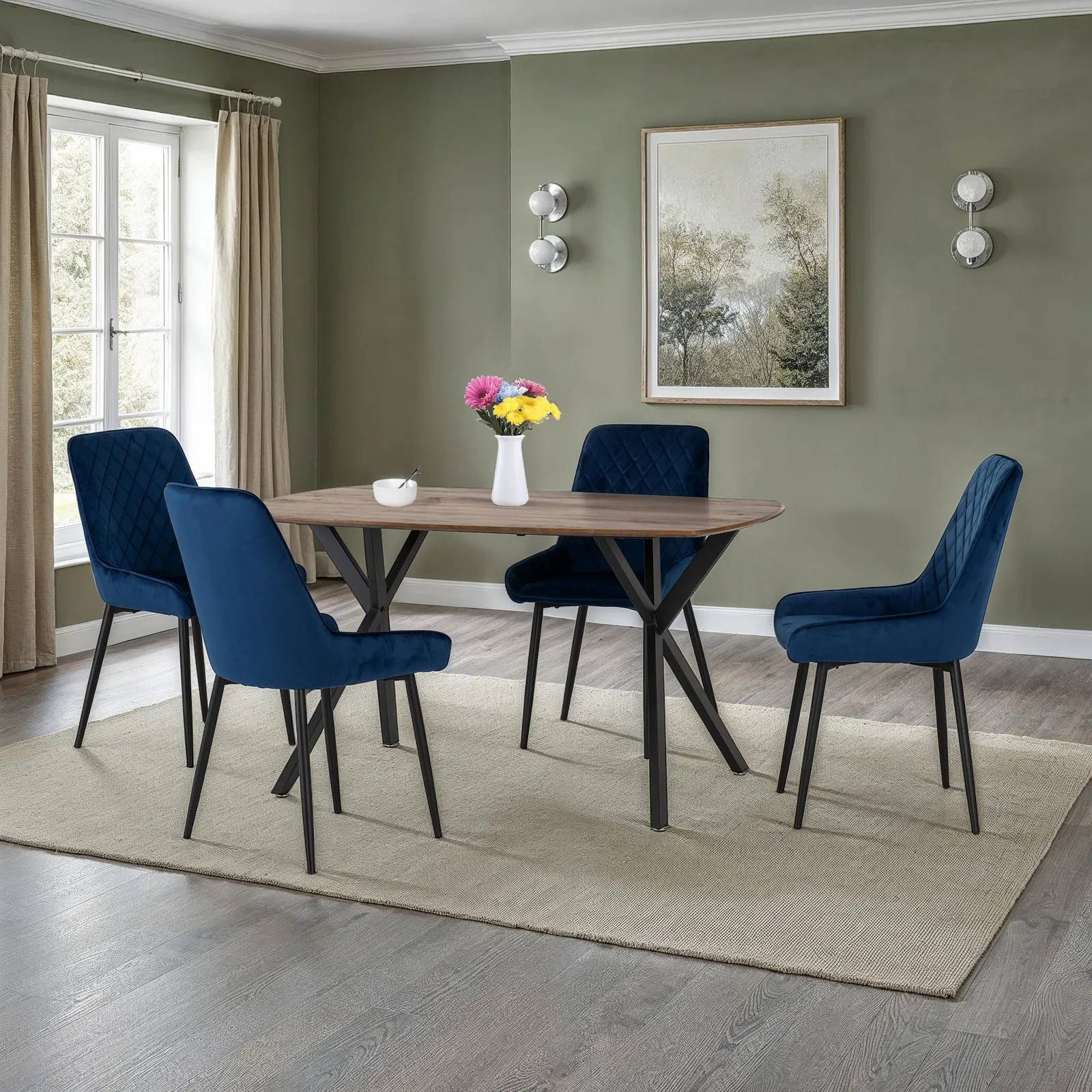 Seconique Athens Rectangular Medium Oak Dining Set with Avery Chairs in Blue