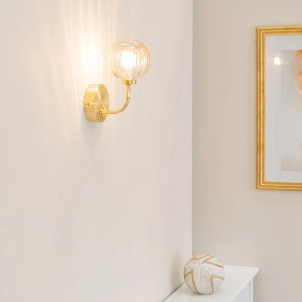 ValueLights Chessy Pair of Ribbed Glass Globe Shade Gold Stem Wall Lights & LED Bulbs