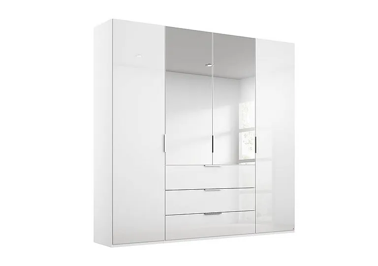 Formes Glass 4 Door Combi Hinged Wardrobe with 2 Mirrors and Drawers - White/White Front