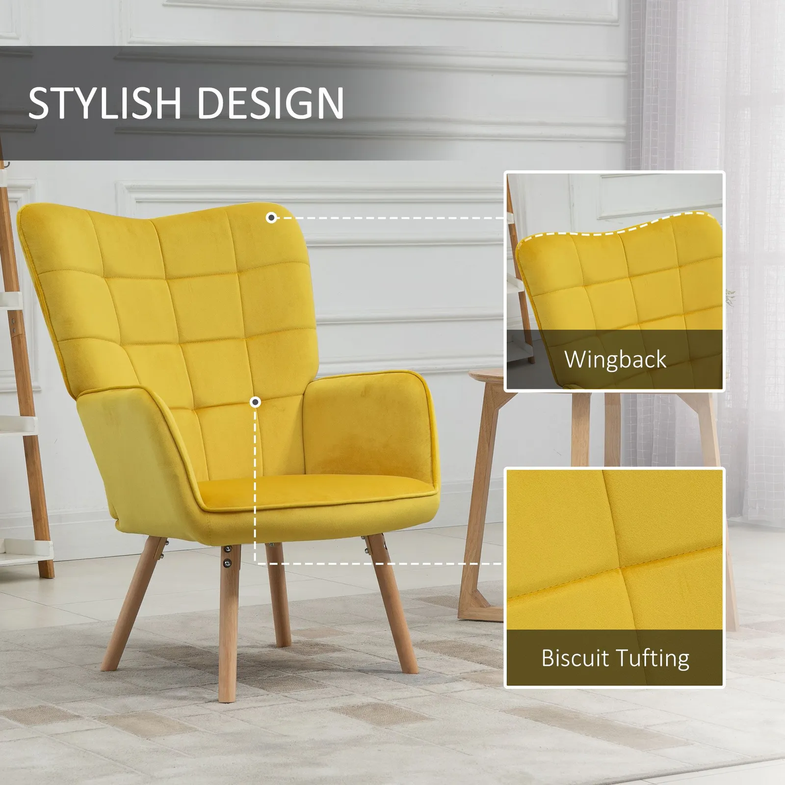 HOMCOM Modern Accent Chair Velvet-Touch Tufted Wingback Armchair Wood Legs in Yellow 5