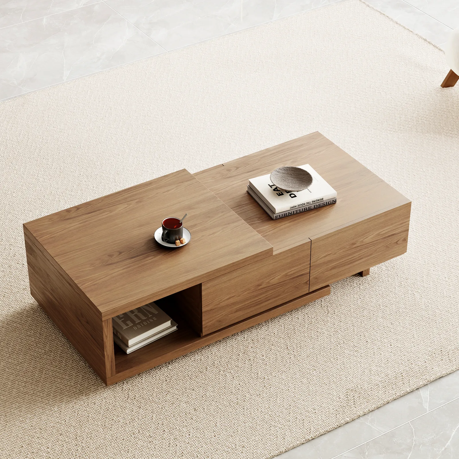 Quoint 1750mm Modern Walnut Coffee Table Retracted & Extendable with 2-Drawer