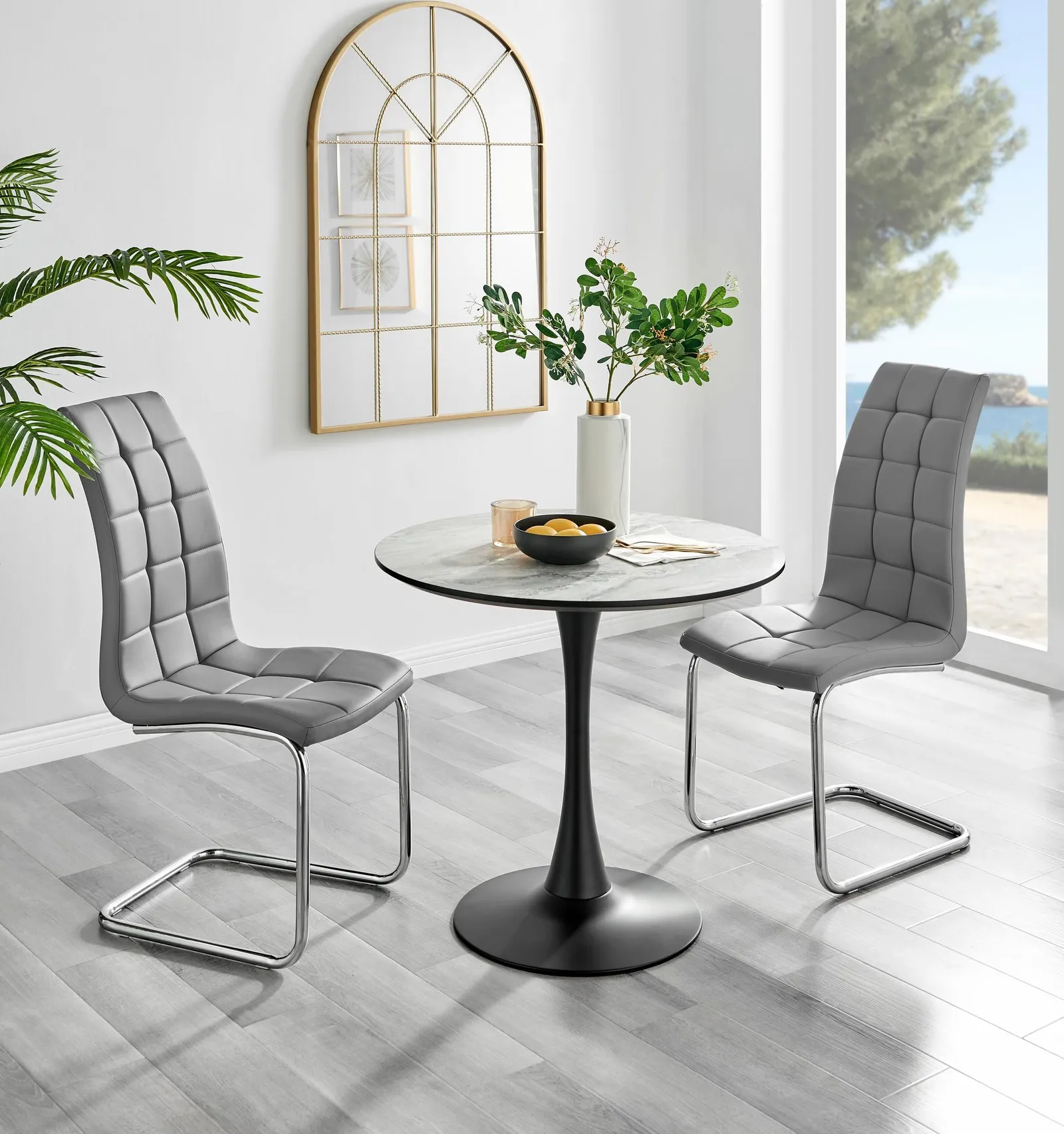FurnitureboxUK Elina White Marble Effect Scratch Resistant Dining Table & 2 Murano Faux Leather Chairs in Grey 1