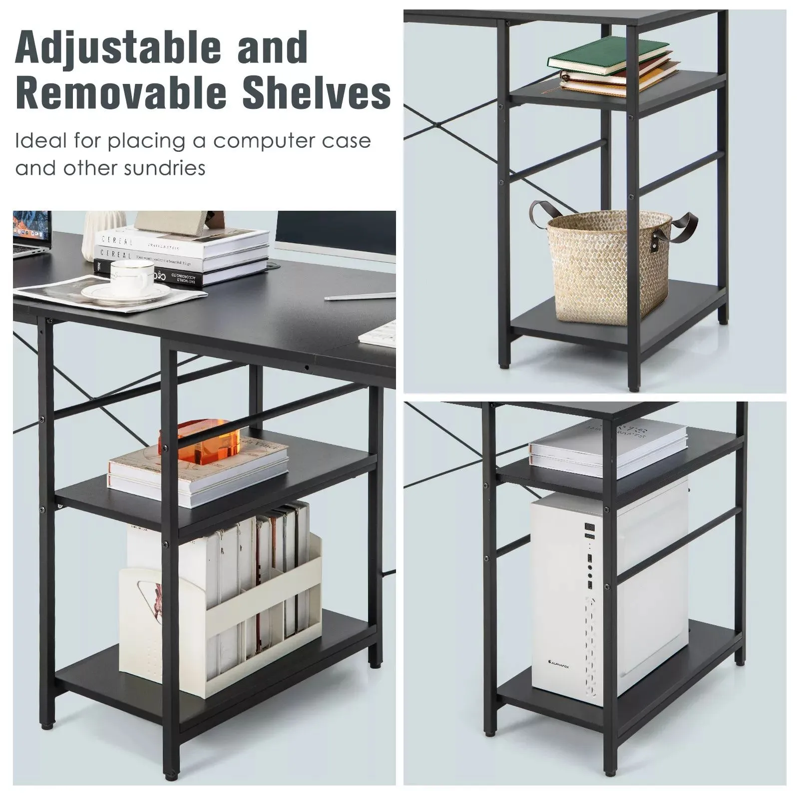 Costway L-Shaped Corner Computer Desk Study Writing Desk Home Office Workstation with Storage Shelf in Black 5