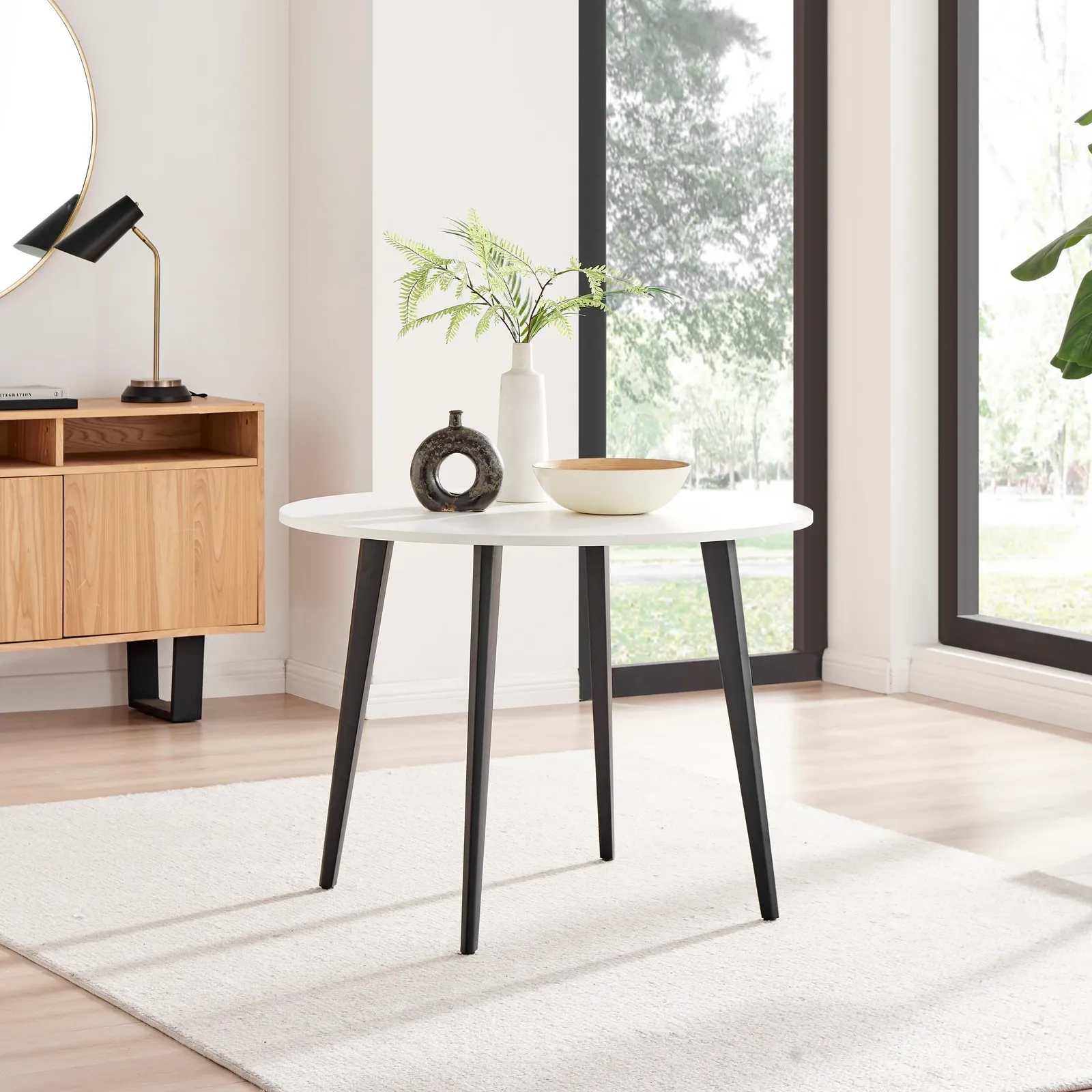 FurnitureboxUK Koko 4-Seater Round Melamine Scratch Resistant Dining Table With Black Legs in White 1