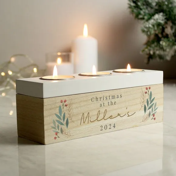 Personalised Christmas Foliage Triple Tealight Holder 4