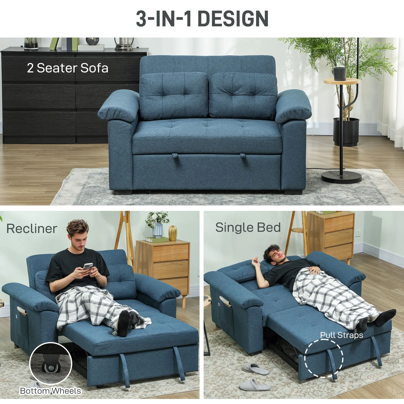 HOMCOM Click Clack Sofa Bed 2 Seater Sofa Bed for Living Room in Blue 4