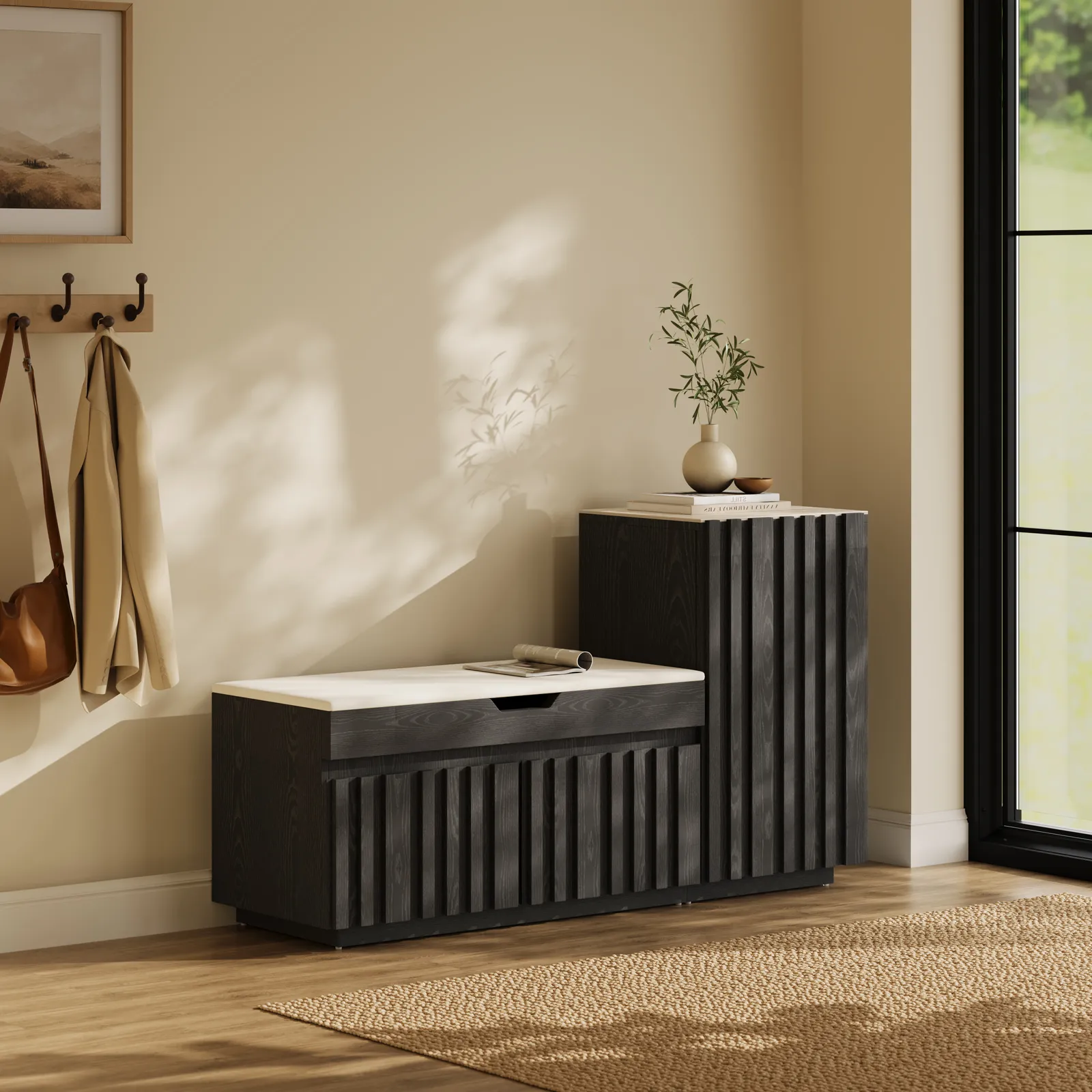 Aura 47” Wooden Shoe Storage Bench with Right-Side Cabinet for Entryway