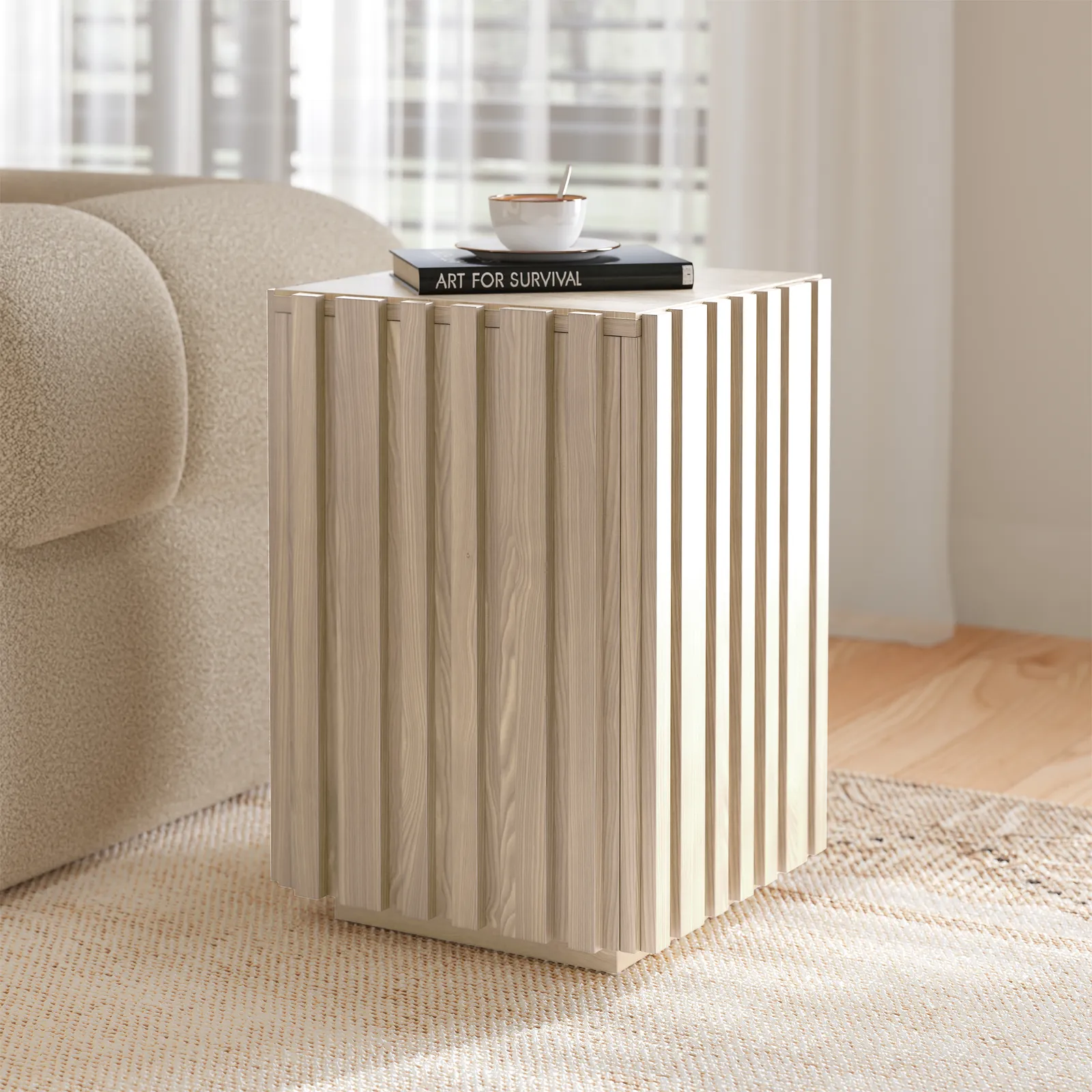 Aura Ash Wood Fluted Washwhite Side Table with Sintered Stone Top