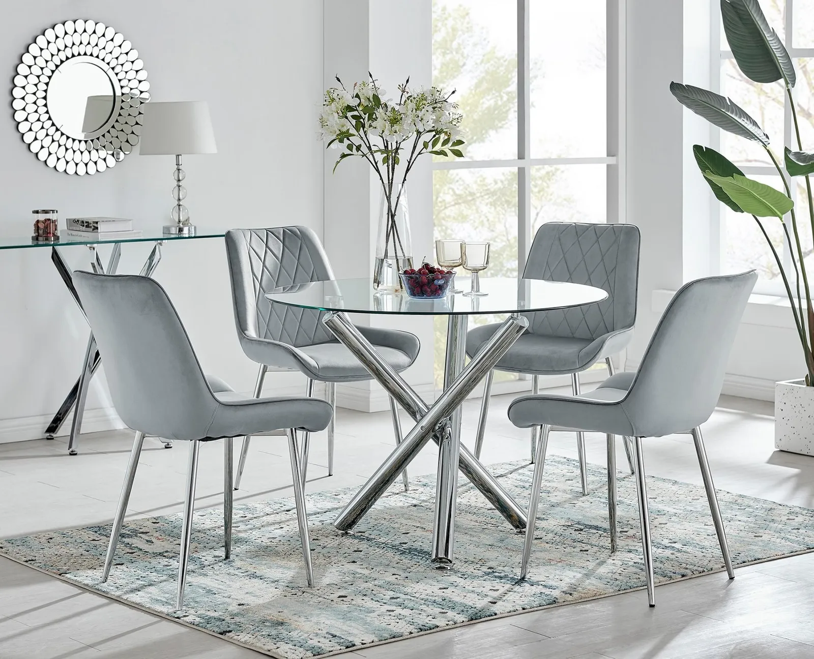 FurnitureboxUK Selina Round Glass Chrome Leg Dining Table & Pesaro Silver Leg Chairs in Grey 1