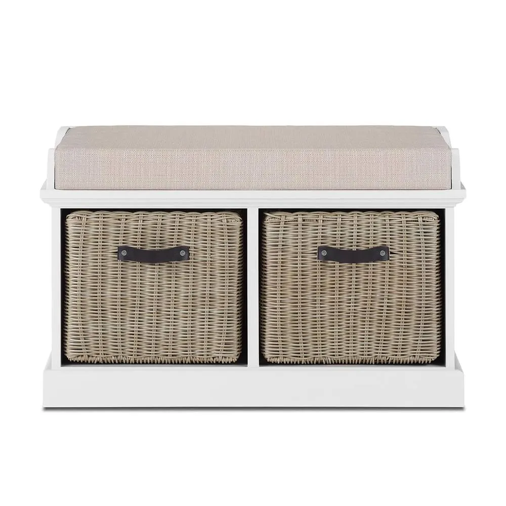 Statement Furniture Tetbury Bench with 2 Brown Faux Rattan Baskets & Cream Cushion in White 3