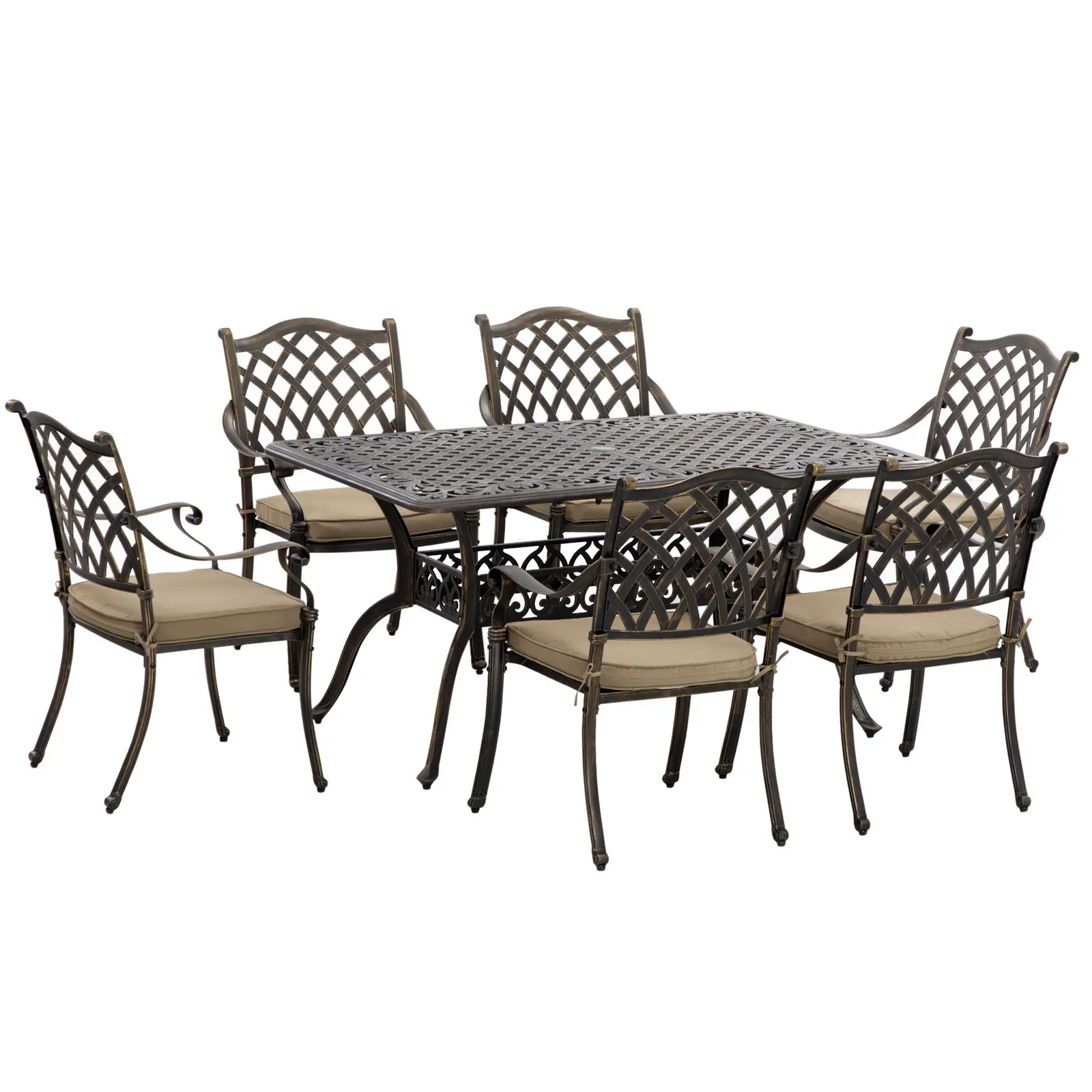 OUTSUNNY 7-PC Cast Aluminum Patio Dining Set w/ Umbrella Hole & Cushion in Bronze 2