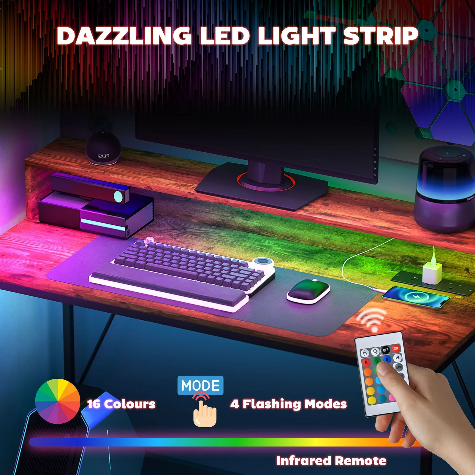 HOMCOM Computer Table with LED Lights, Gaming Desk with Shelf, Rustic Brown 4