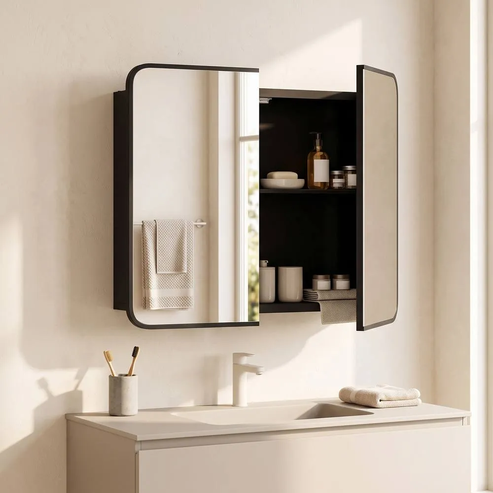 HOMCOM Bathroom Medicine Mirror Cabinet, Bathroom Wall Cabinet, Black 2