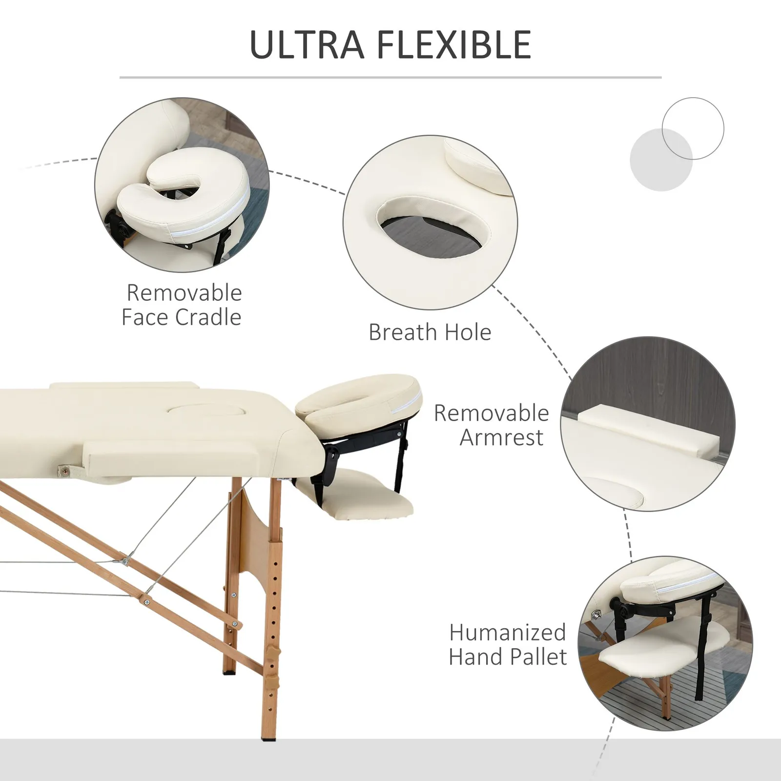 HOMCOM Wooden Folding Spa Beauty Massage Table w/ 2 Sections, Carry Bag in Cream 5