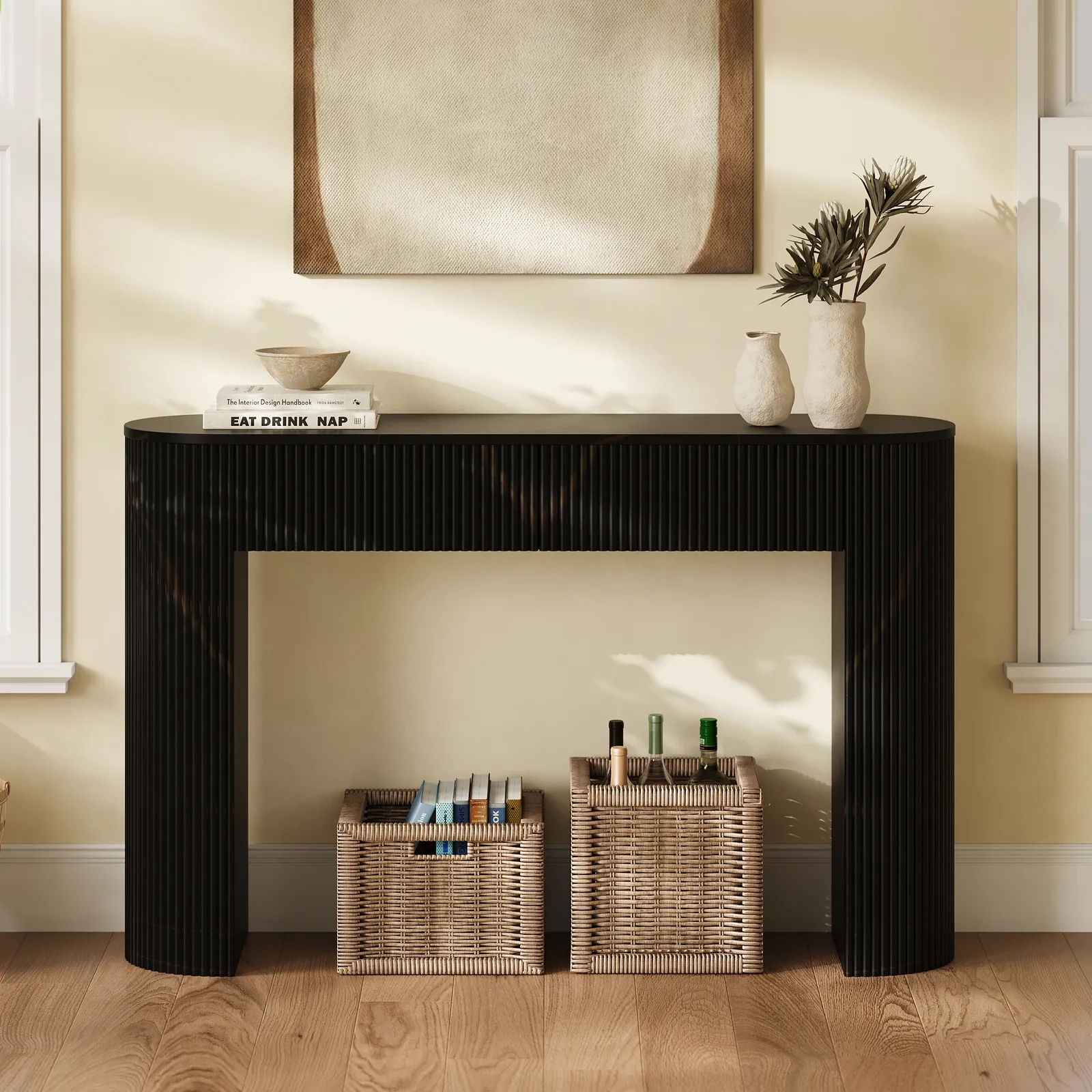 Oval Black Console Table with Waved Wood Top