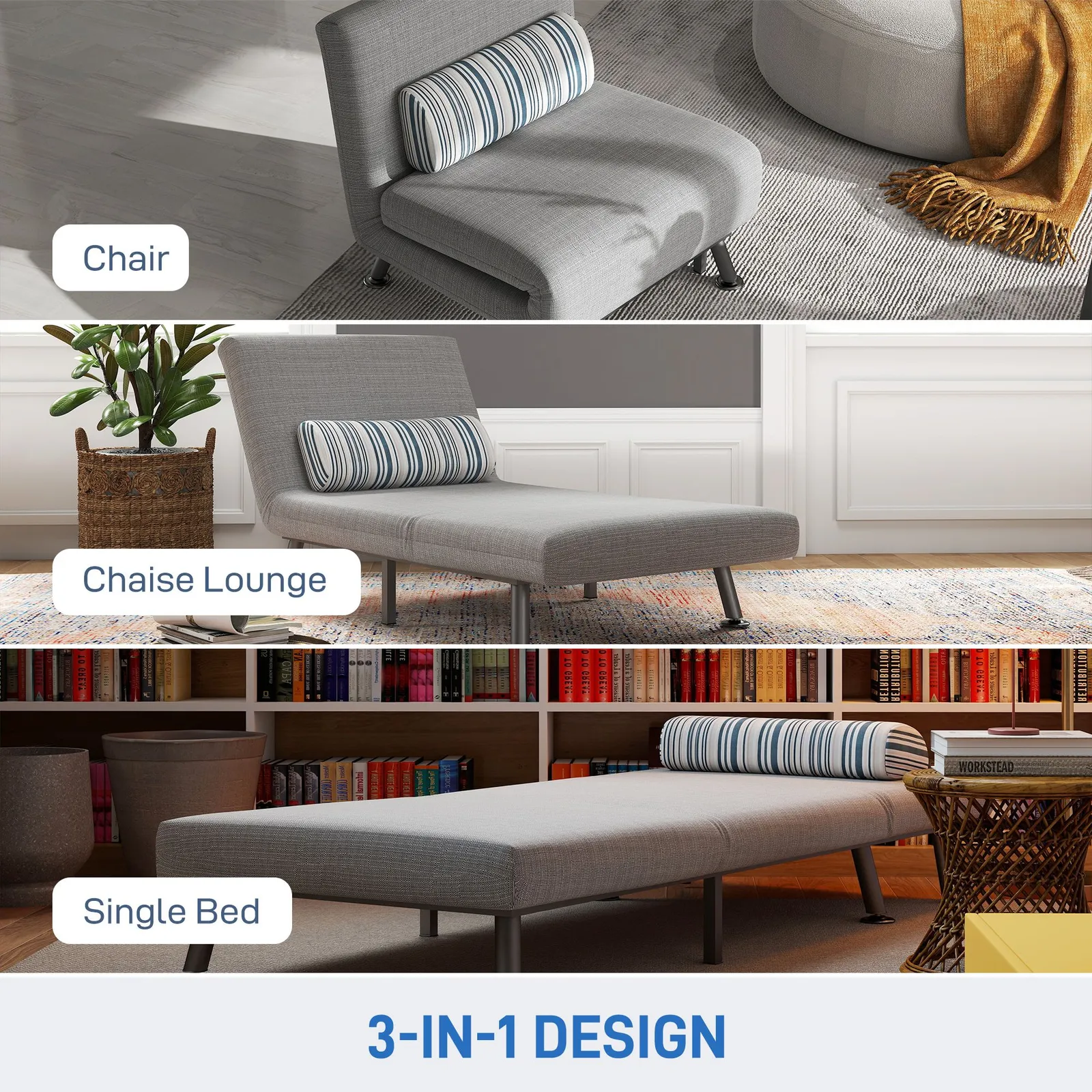 HOMCOM Single Folding 5 Position Convertible Sleeper Chair Sofa Bed in Light Grey 4