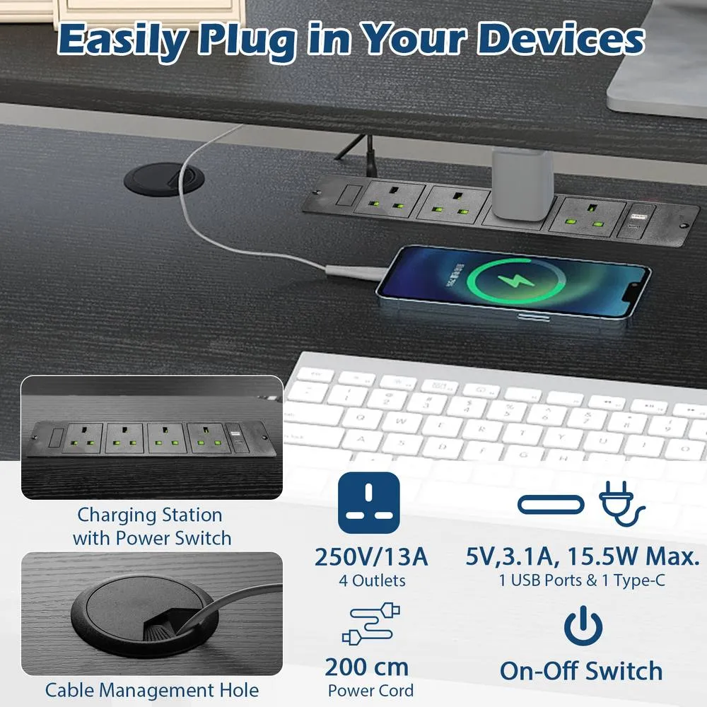 Costway LShaped Gaming Desk with LED Lights & Power Outlets in Black 6