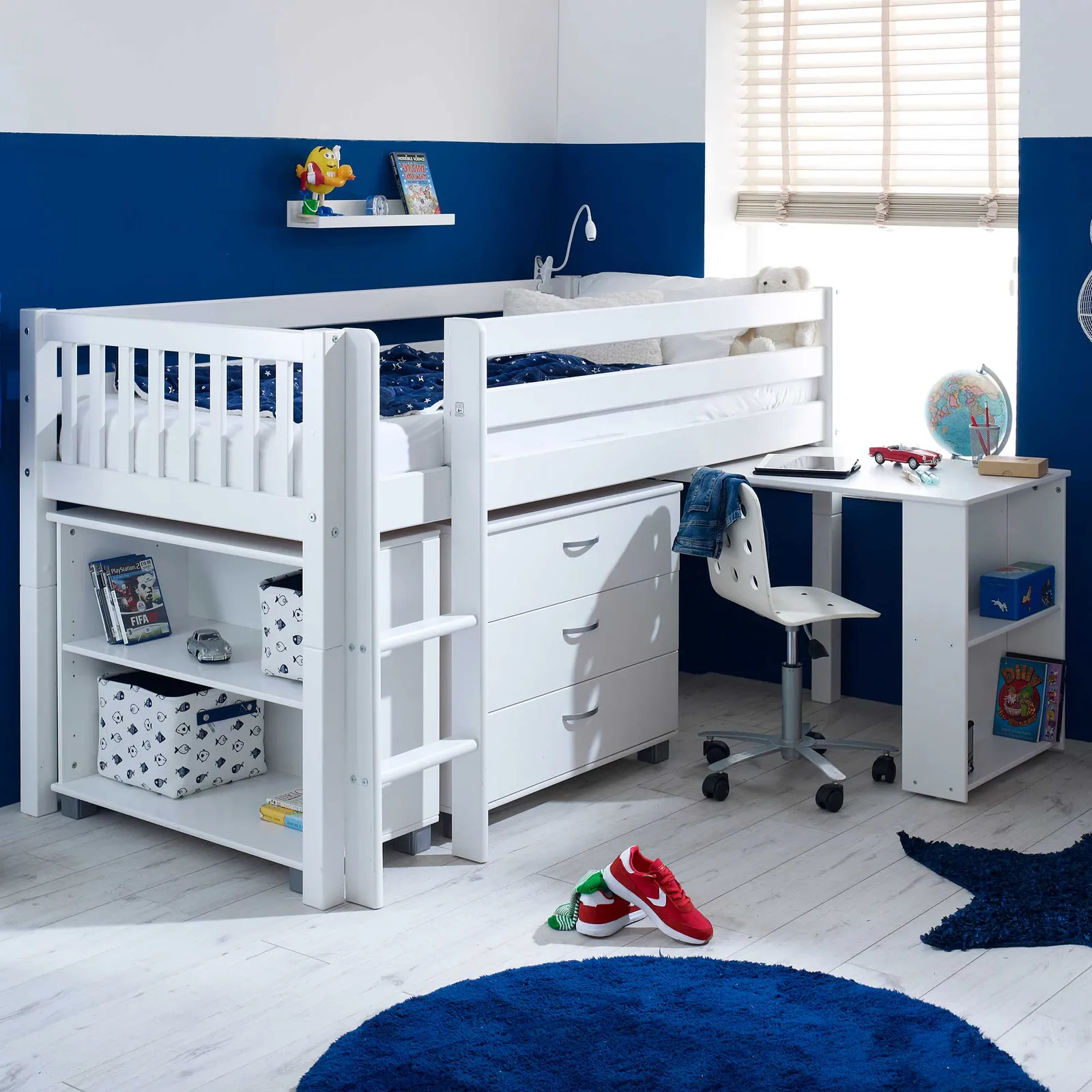 Ferdie Childrens Midsleeper Bed with pull out Desk, Chest and Bookcase