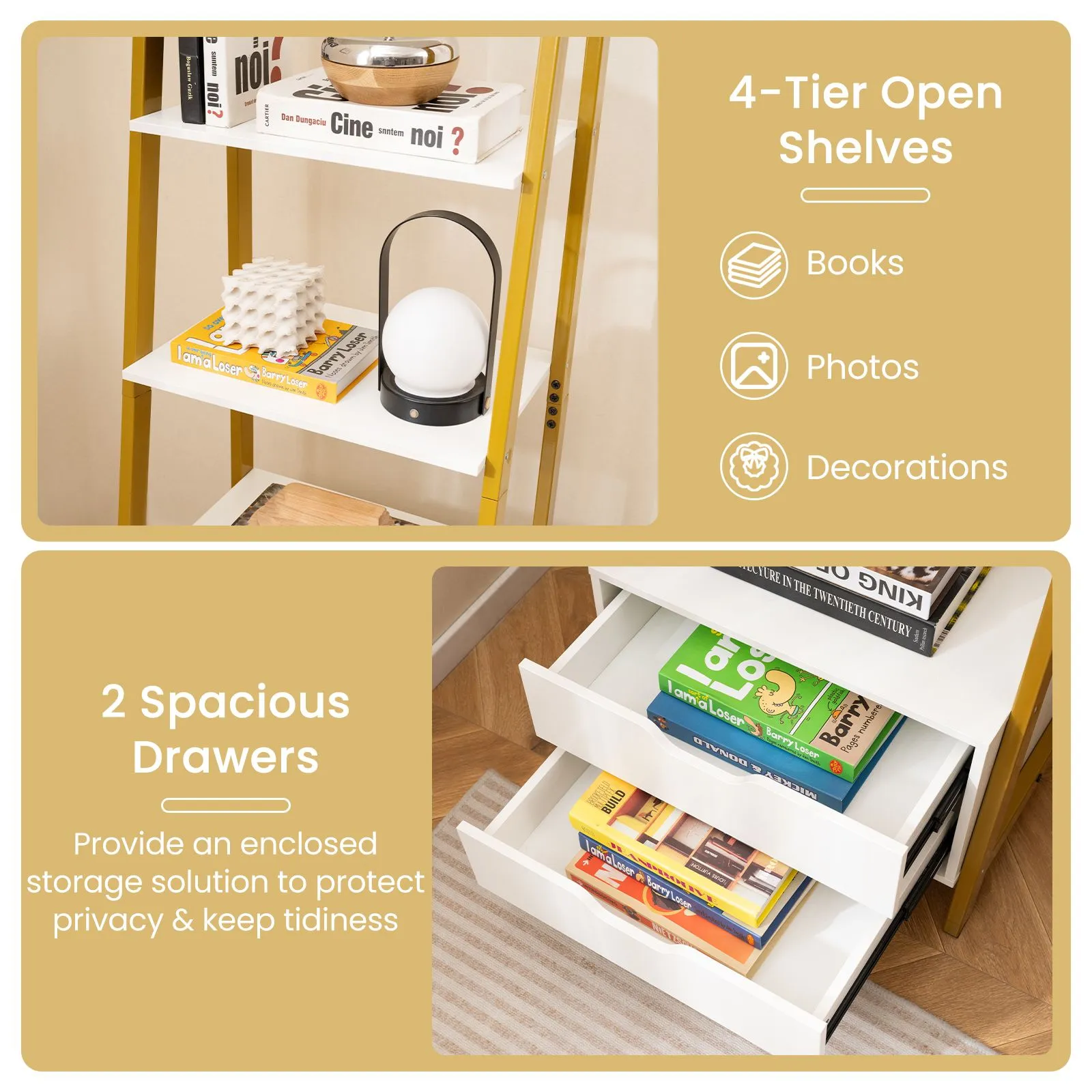 Costway Ladder Bookshelf Tall Freestanding Display Rack with Storage-White in White 5