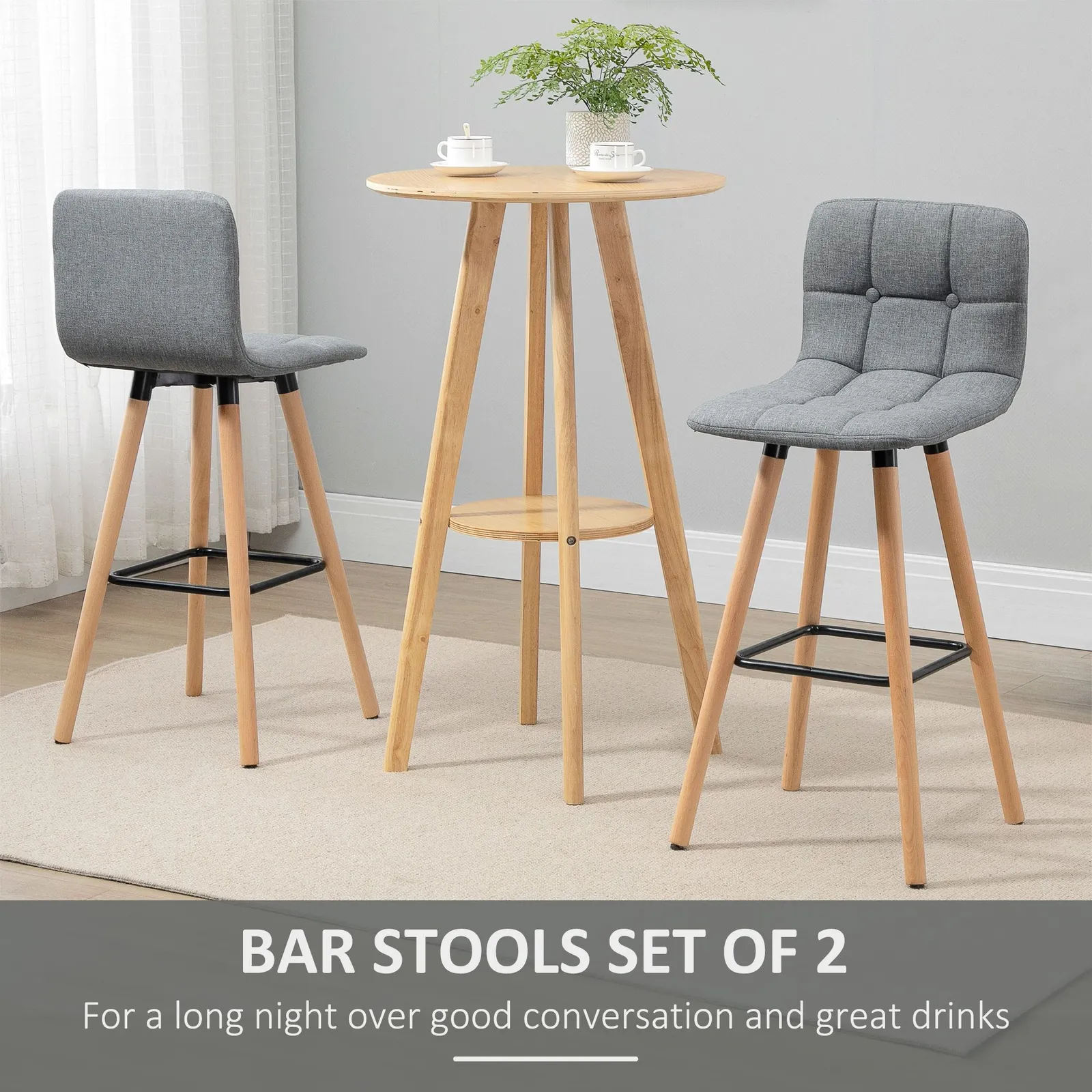 HOMCOM Bar stool Set of 2 Armless Button Tufted Counter Chairs Wood Legs in Grey 4