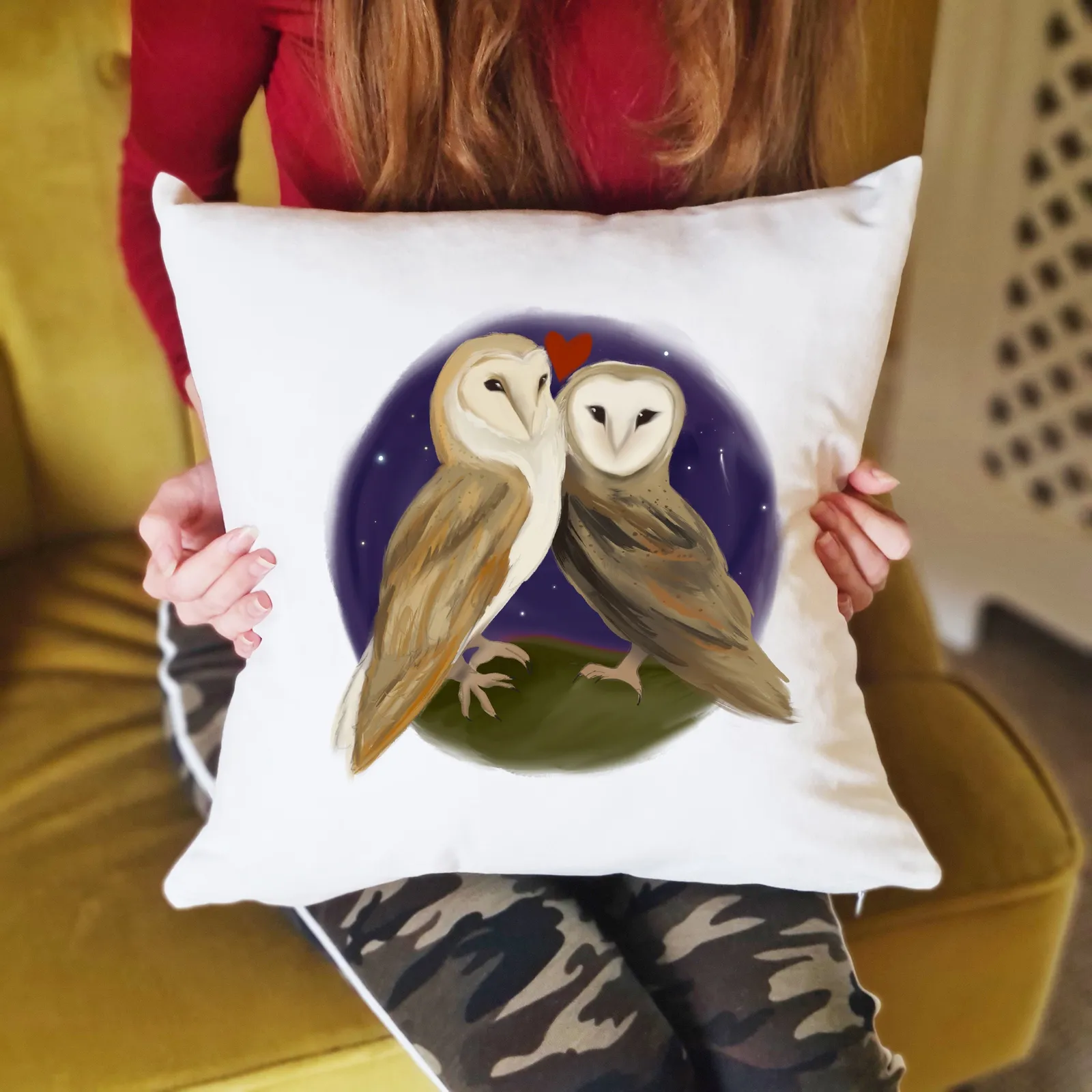 Afewhometruths Gift for Couples Mates for Life Couple's Barn Owls Love Cushion - Anniversary, Wedding Gift in Off-White