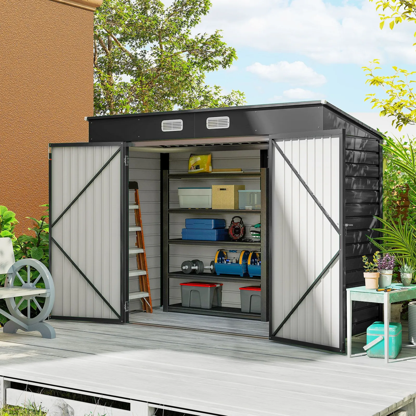 OUTSUNNY 8 x 4FT Metal Garden Storage Shed with Double Doors & 2 Vents in Grey 1