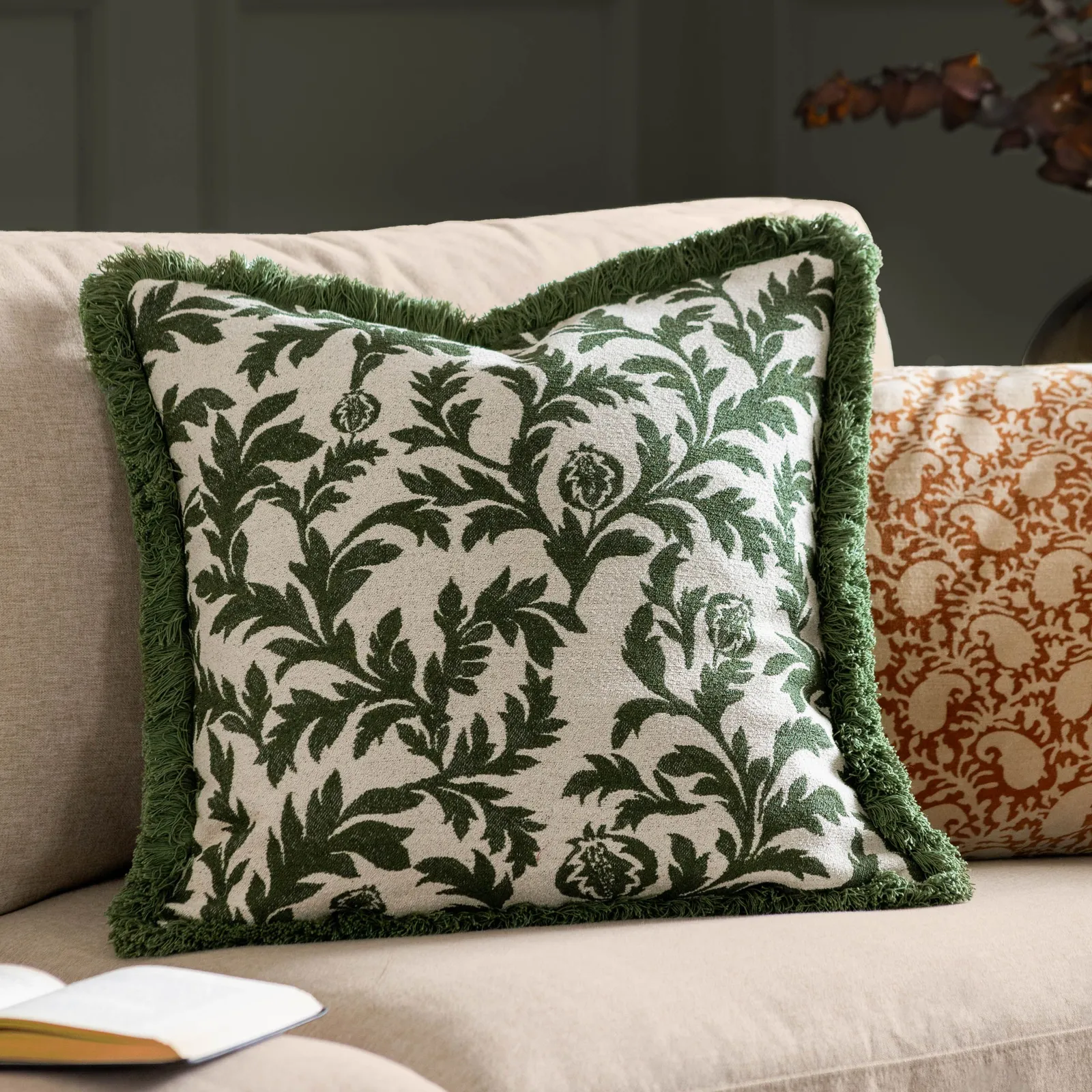 Paoletti Hedera Jacquard Cushion in Green