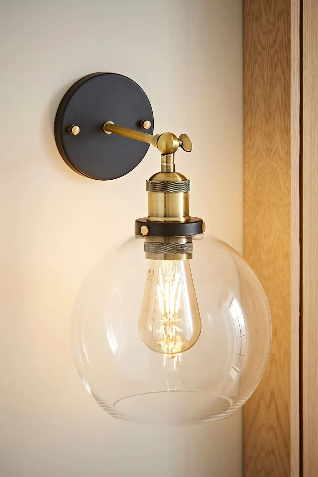 ValueLights Sheridan Industrial Clear Glass Bowl Gold Trim Black Wall Light 1