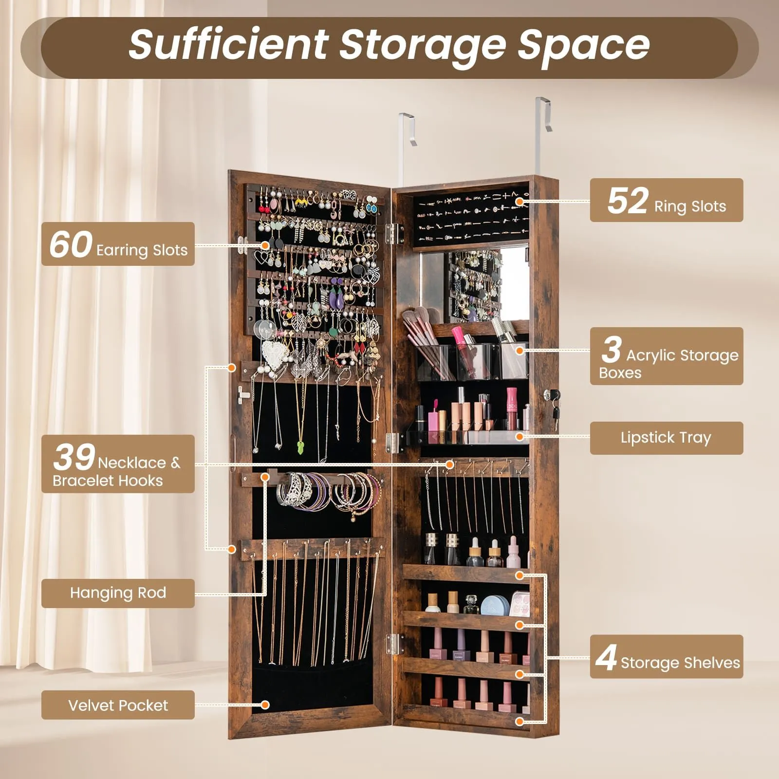 Costway Wall Mounted Jewellery Cabinet Door Hanging Jewelry Armoire w/ Full Length Mirror Lockable Cosmetics Jewellery Organiser Unit in Brown 4