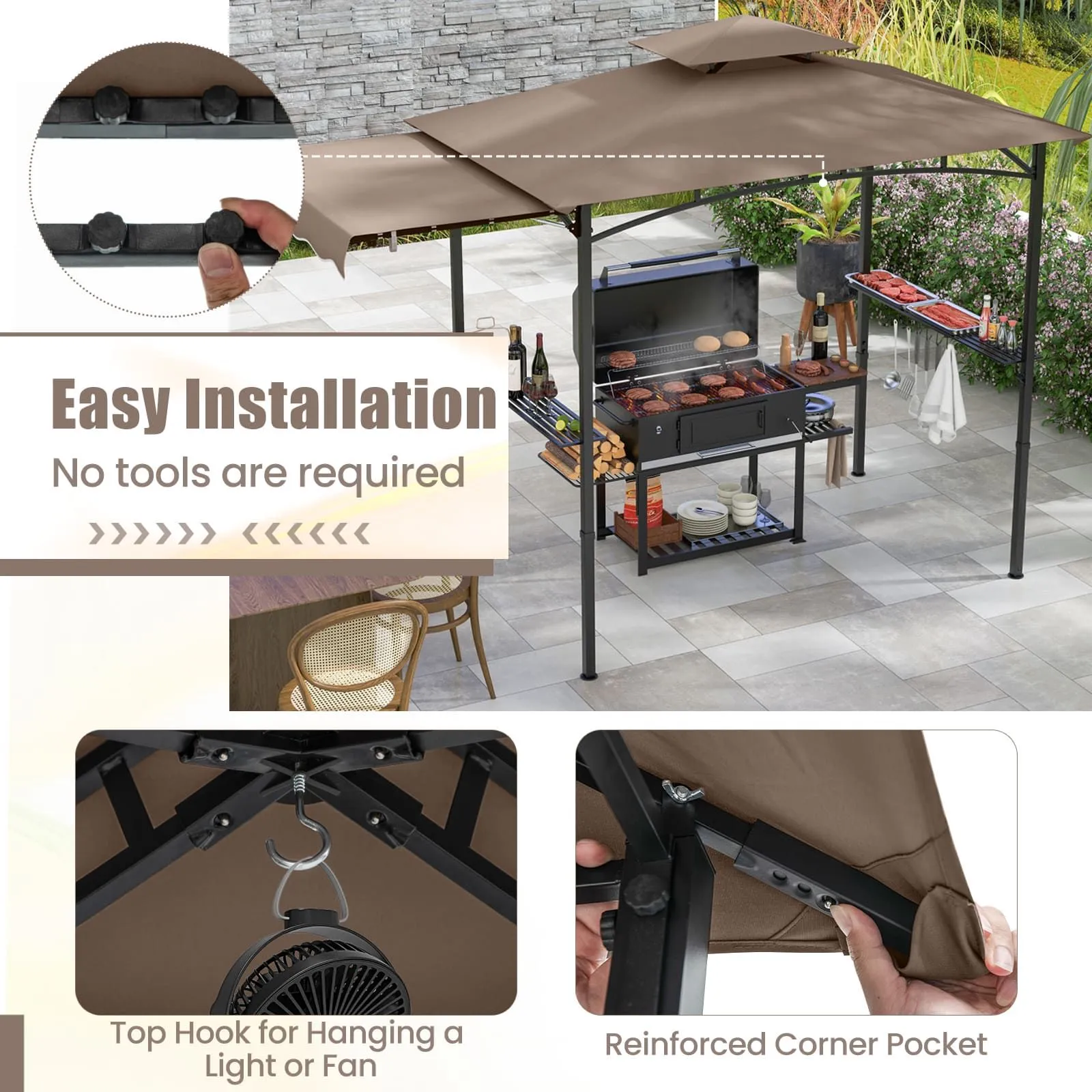 Costway 318x153cm Grill Gazebo Outdoor Barbecue Canopy Tent w/Side Awning in Brown 4