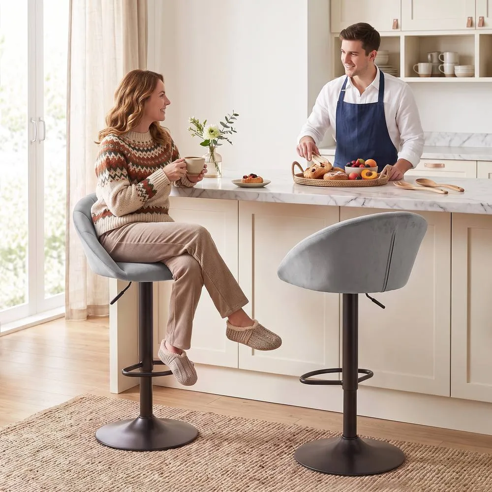 HOMCOM Bar Stools Set of 2 Velvet Adjustable Swivel in Light Grey 2