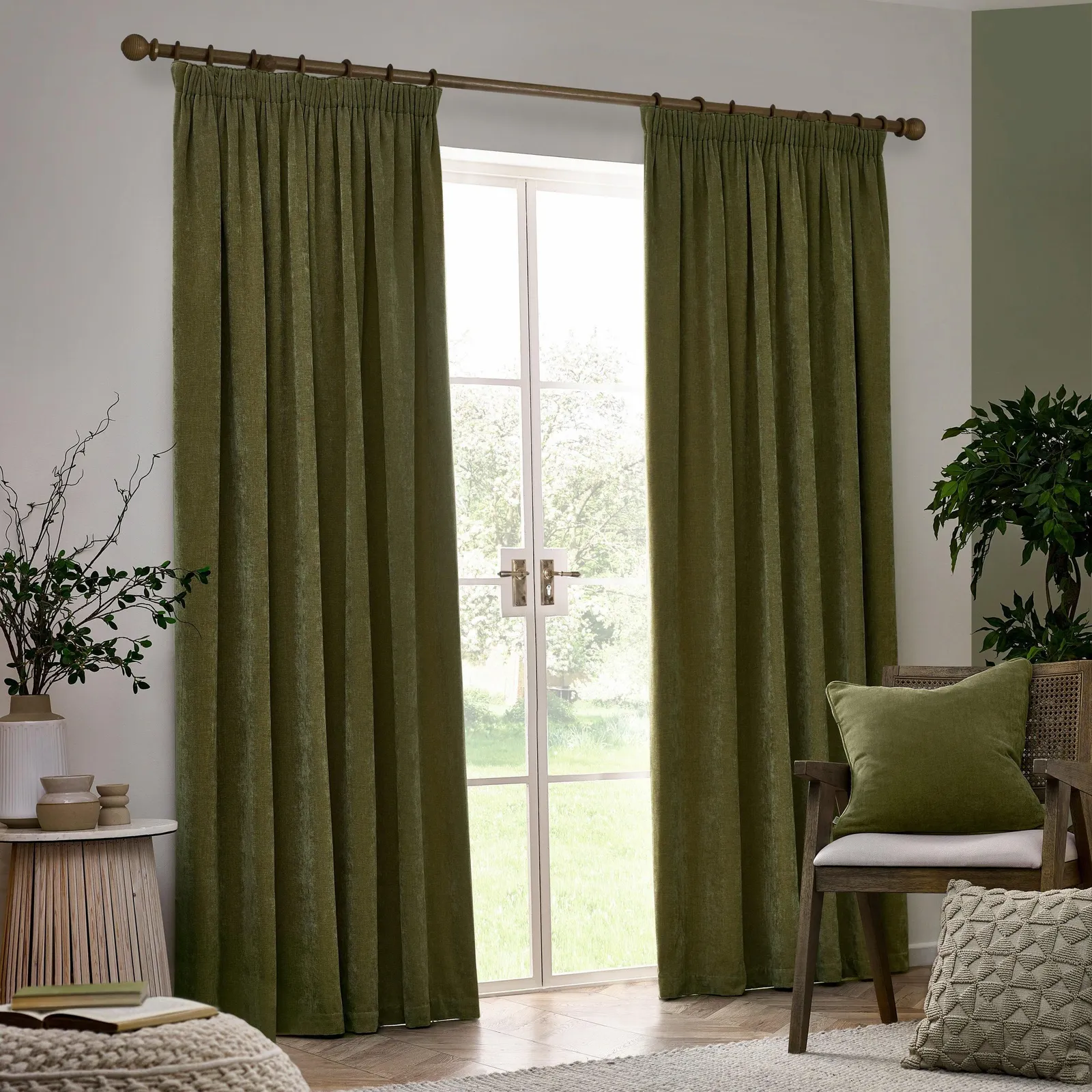 Yard Heavy Chenille Velvet Room Darkening Pencil Pleat Curtain Pair in Olive 2