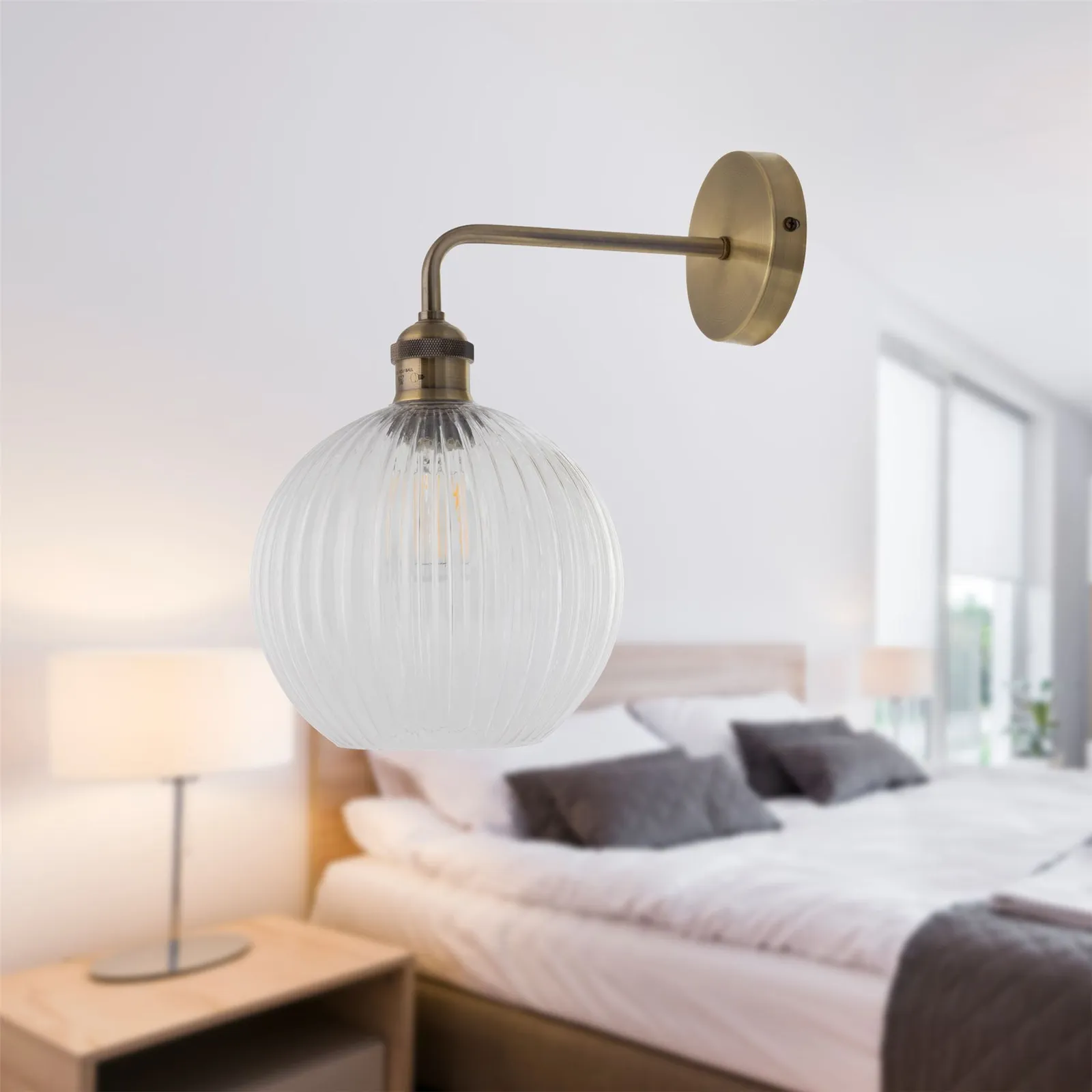 First Choice Lighting Set of 2 Isaac - Antique Brass Wall Lights with Clear Ribbed Shades in Gold 5