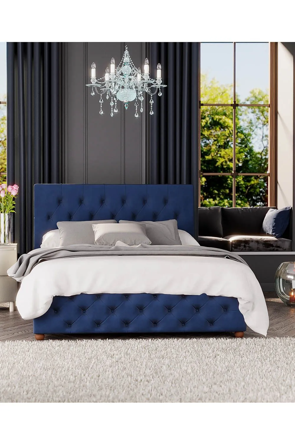 Laurence Llewelyn-Bowen Luna Ottoman Storage Bed in Plush Velvet Fabric, Custom Made in Navy 5