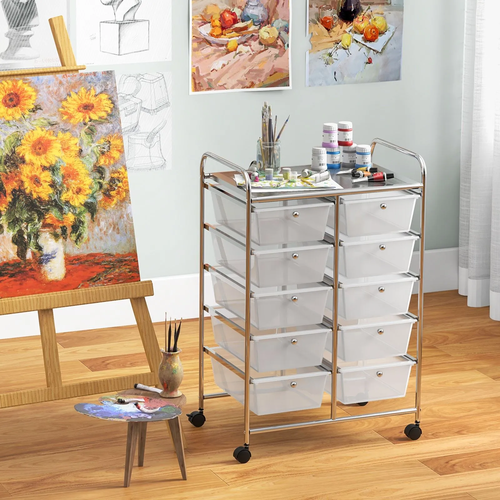 Costway 10 Drawers Storage Trolley Mobile Rolling Utility Cart Home Office Organizer in Clear 4