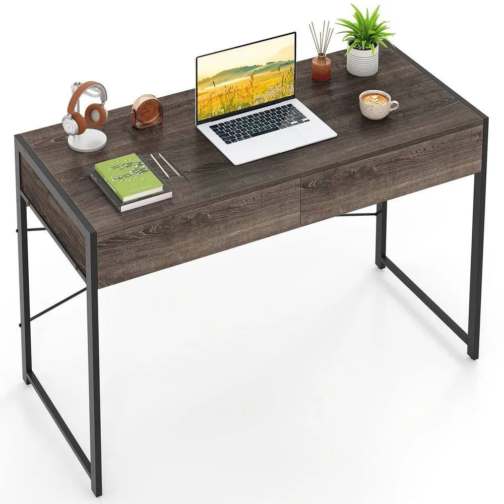 Costway Computer Desk Compact Writing Desk with 2 Drawers in Grey 3