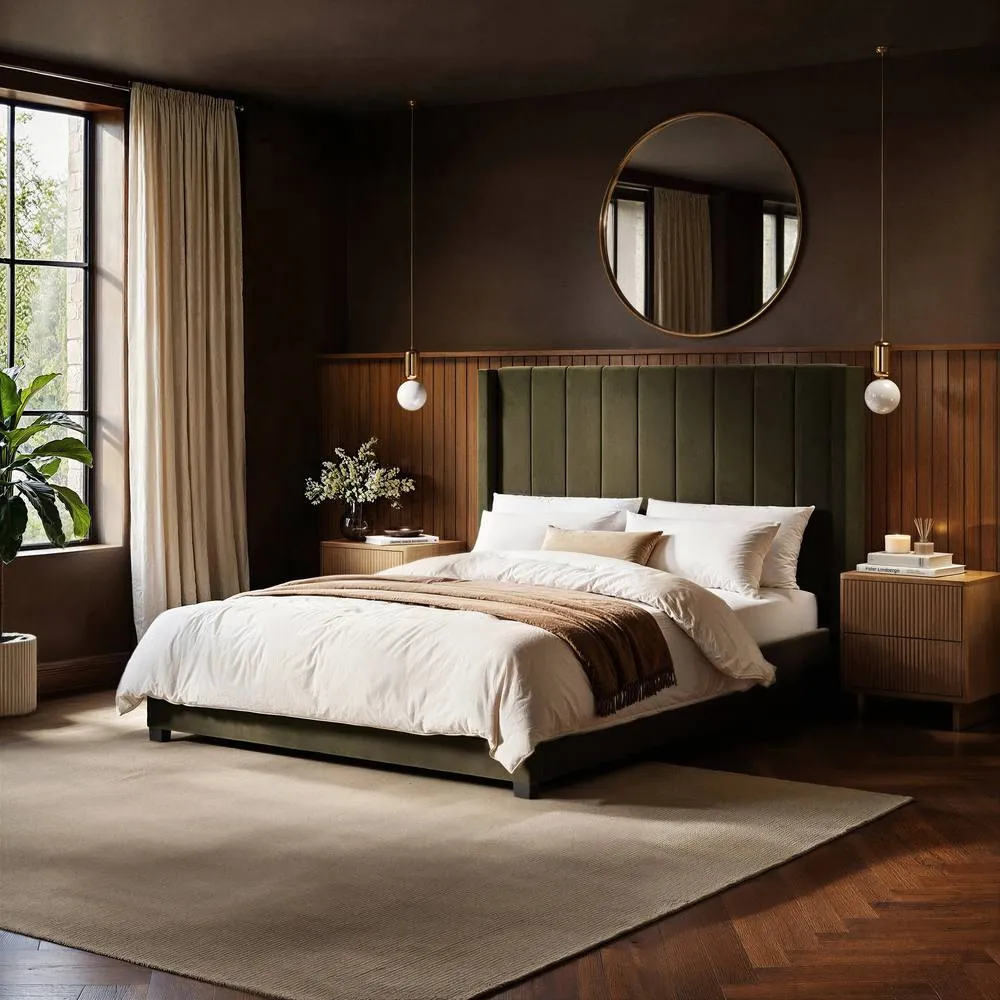 Flair Tiggy Ottoman Bed with Winged Headboard Khaki Velvet in Green