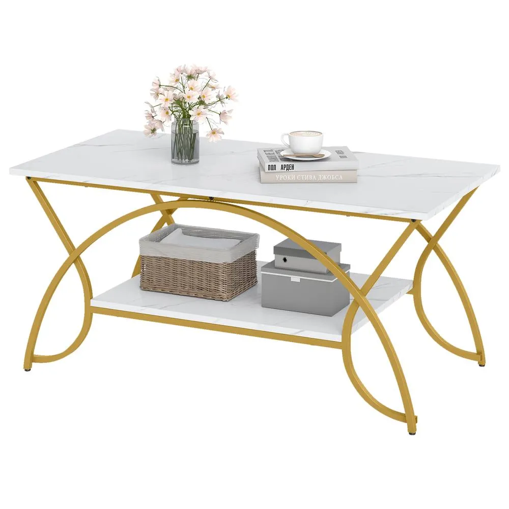 Costway 2-Tier Faux Marble Coffee Table Modern Cocktail Center Table w/ Shelf in White 6