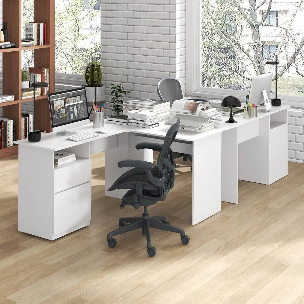 Costway L-Shaped Computer Desk 150cm Modern Writing Study Table w/ Drawers in White 3