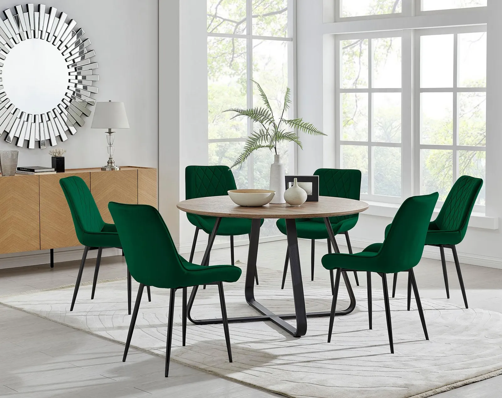 FurnitureboxUK Santorini Brown Round Dining Table & 6 Pesaro Black Leg Chairs in Green