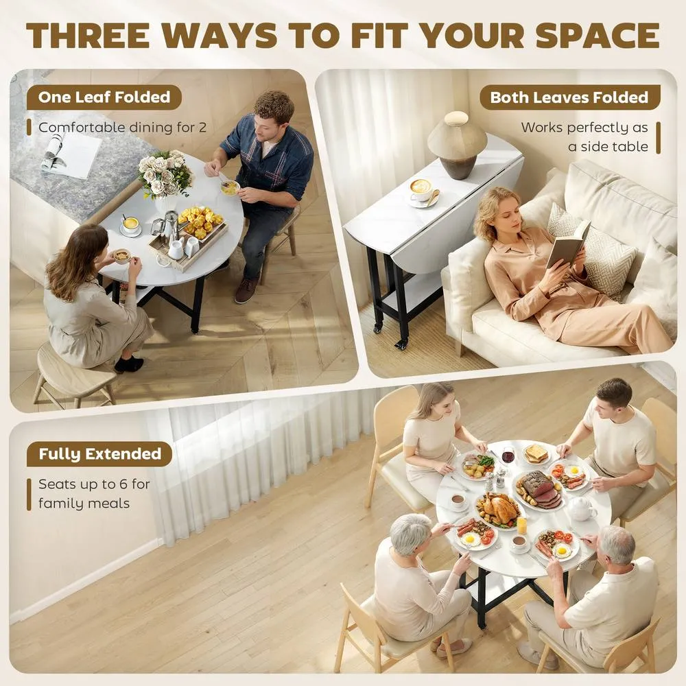 HOMCOM Folding Dining Table, Drop Leaf Table with Open Shelf, White Marble 4