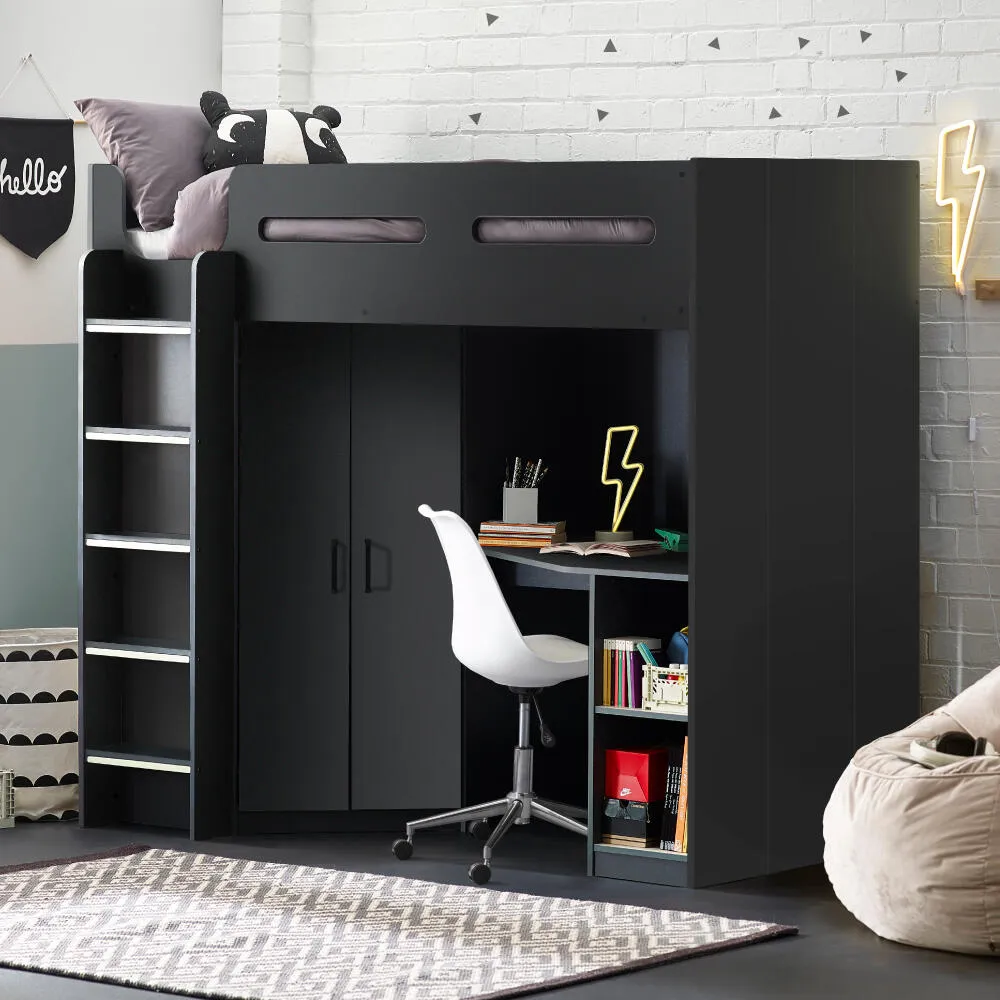 Hercules - Single - Kids High Sleeper - Desk - Wardrobe and Storage - Dark Grey - Wooden - 3ft - Happy Beds
