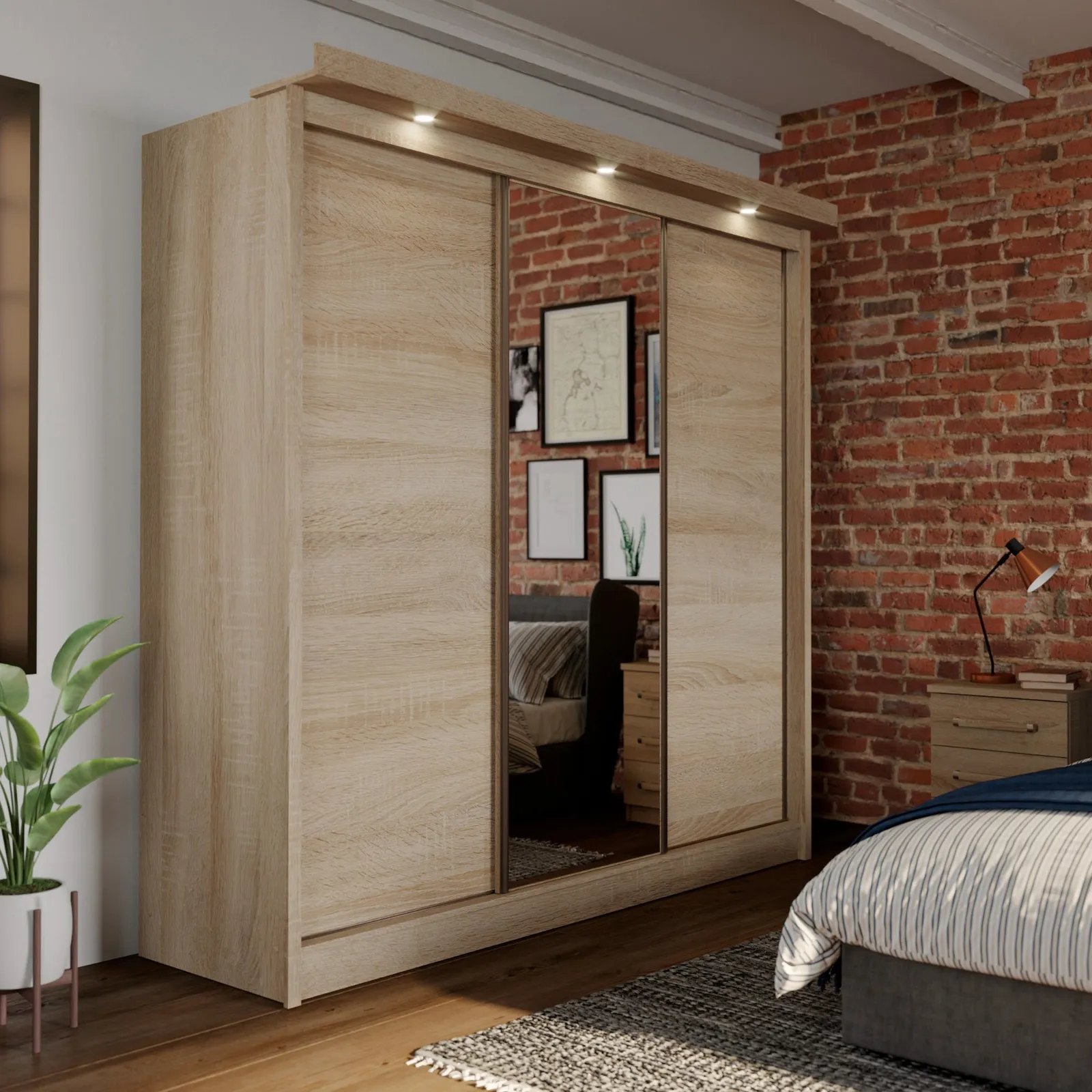 Forde Oak Sliding Wardrobe With Mirror And Lights Light Oak