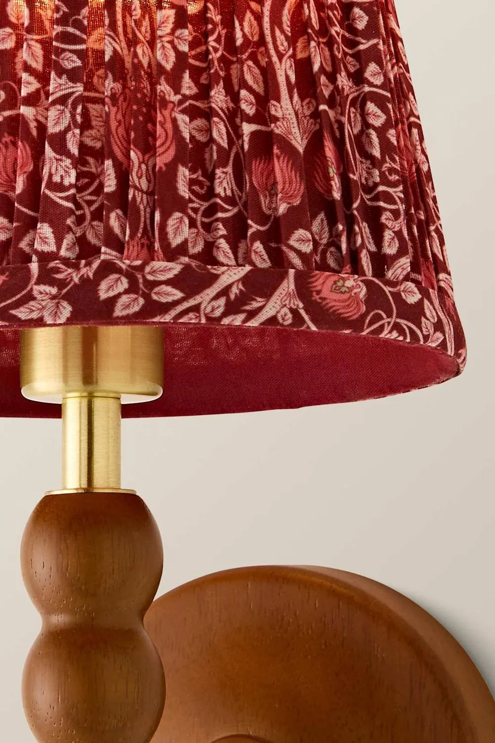 ValueLights Bobbins Pair Burgundy Floral Pleated Shade Wooden Bobble Wall Light in Walnut 4