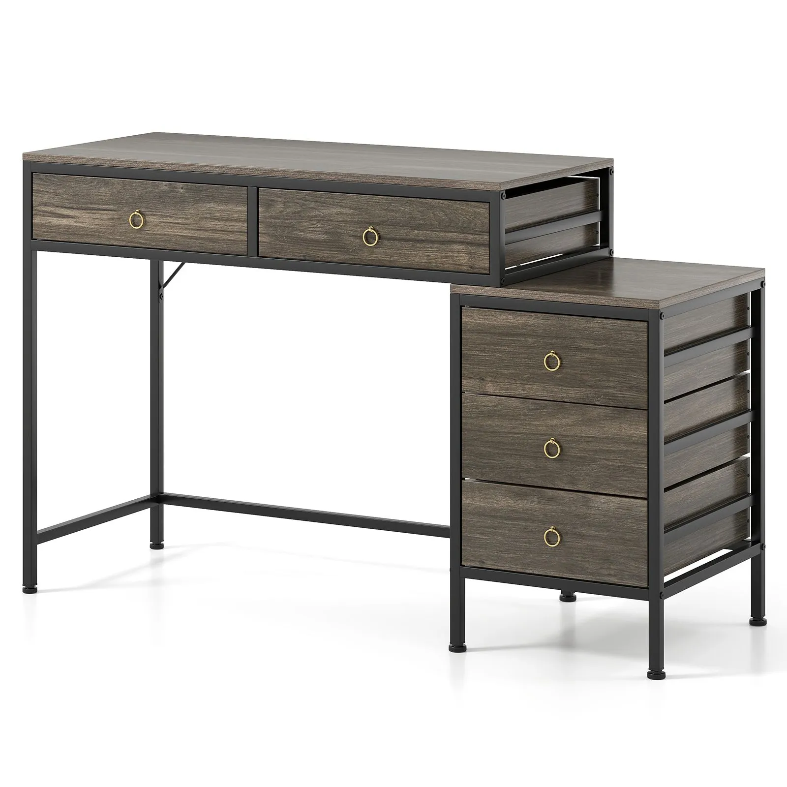 Costway Computer Desk Home Office Desk w/ Side File Cabinet & 5 Drawers in Grey 4